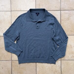 J Crew Sweater Polo Men XL (Fits Medium) Blue Merino Wool Blend Knit Long Sleeve